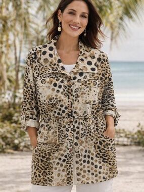 Chico’s Animal Print Utility Jacket Sz 2 (L) Cinch Waist Safari Pockets Lined